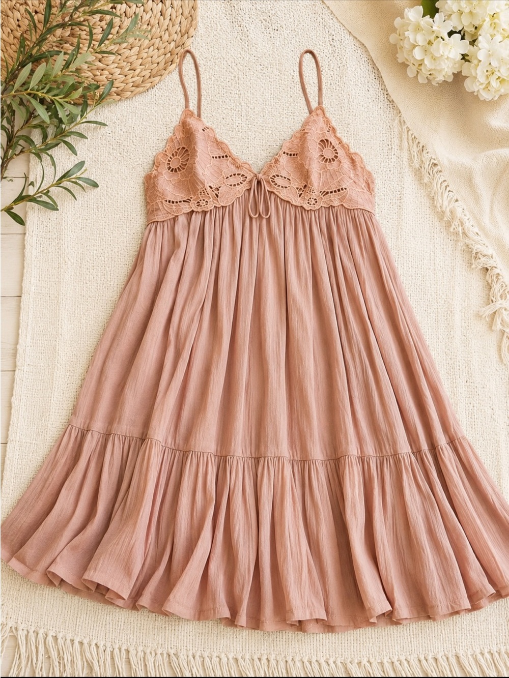 Scalloped Lace Gauze Chemise Slip in Blush